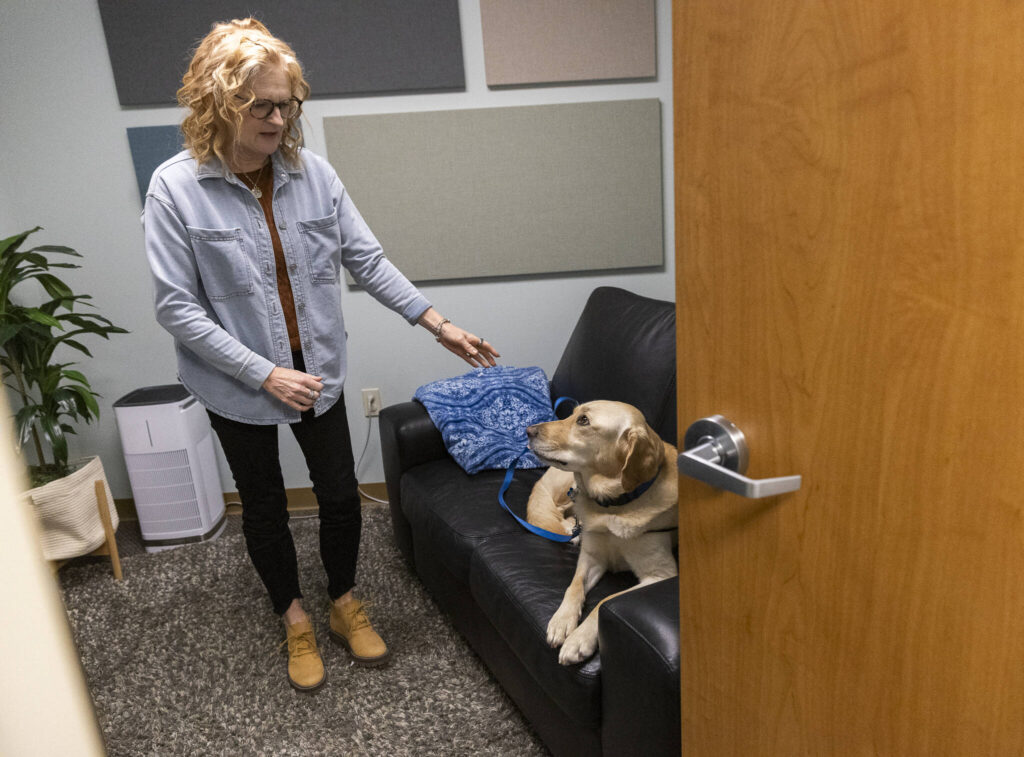 Rosewood, a therapy dog at Dawson Place that works in tandem with Providence Intervention Center, demonstrates how he sits with children during their interviews on Nov. 21, 2025 in Everett, Washington. (Olivia Vanni / The Herald)
