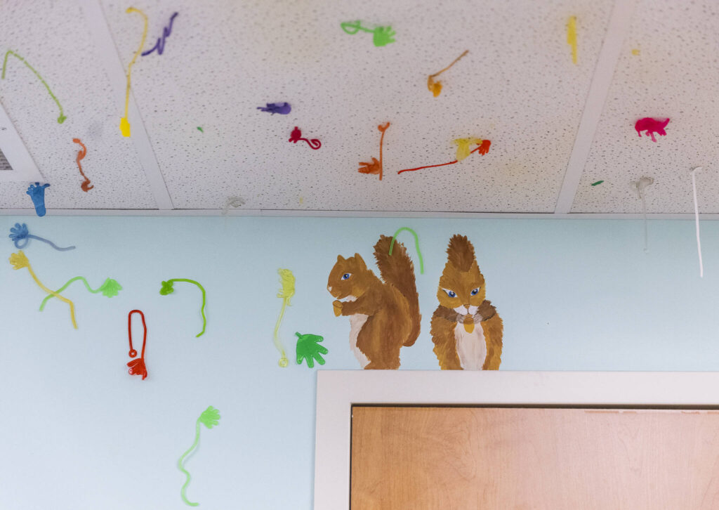 A mural of squirrels surrounded by sticky hands inside one of the children exam rooms at the Providence Intervention Center on Nov. 21, 2025 in Everett, Washington. (Olivia Vanni / The Herald)
