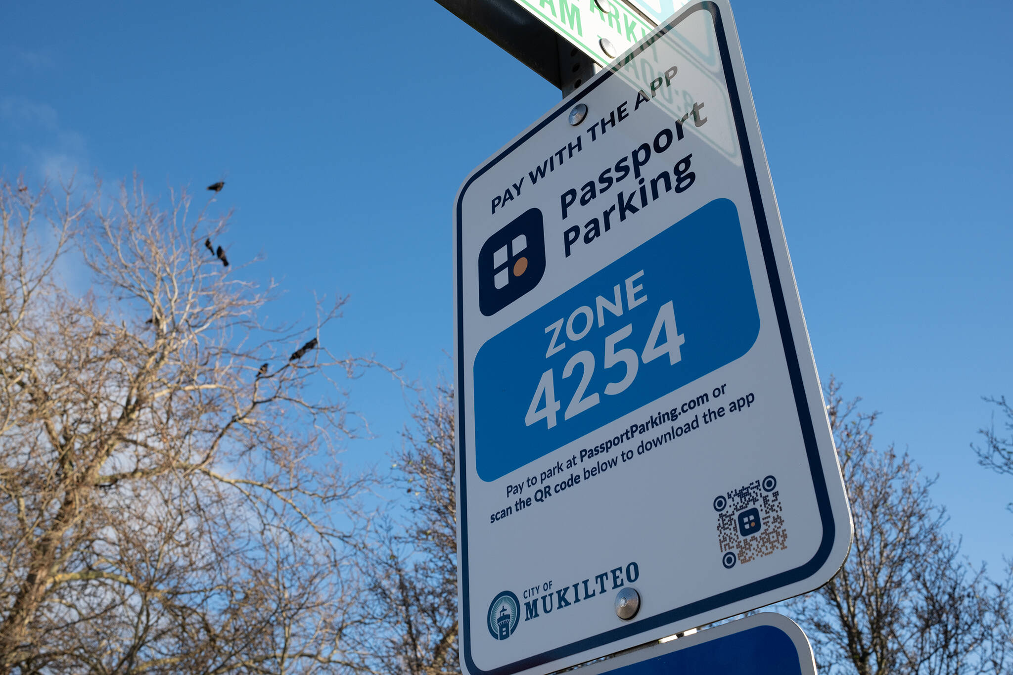 A Passport Parking sign on Friday, Jan. 17 at Lighthouse Park in Mukilteo, Washington. (Will Geschke / The Herald)
