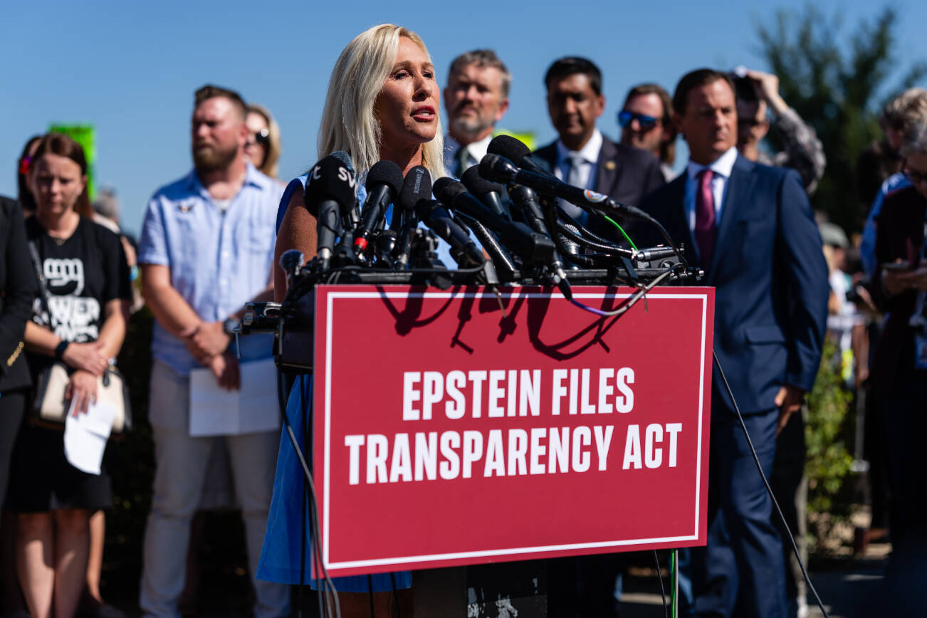FILE — Rep. Marjorie Taylor Greene (R-Ga.) speaks during a news conference about the Epstein files on Capitol Hill in Washington, Sept. 3, 2025. Greene has broken with the Trump administration in calling for files related to the sex offender Jeffrey Epstein to be released. (Eric Lee/The New York Times)
