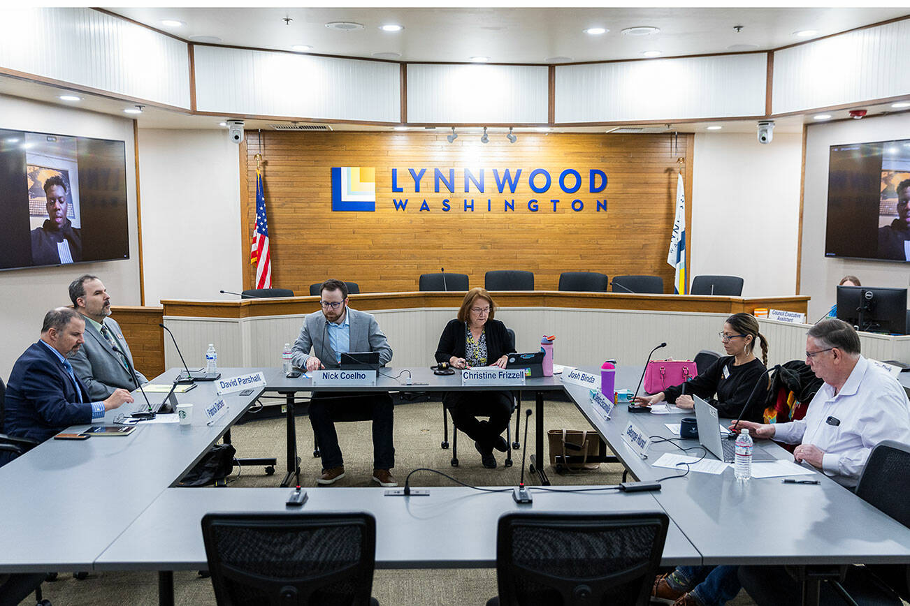 Lynnwood City Council members gather for a meeting on Monday, March 17, 2025 in Lynnwood, Washington. (Olivia Vanni / The Herald)