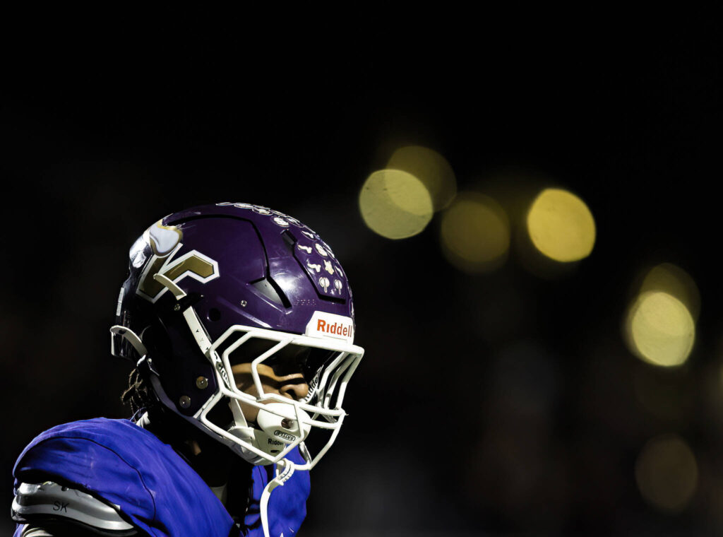 Lake Stevens’ Jayvian Ferrell looks on during the 4A state football quarterfinal game against Moses Lake on Nov. 22, 2025 in Lake Stevens, Washington. (Olivia Vanni / The Herald)
