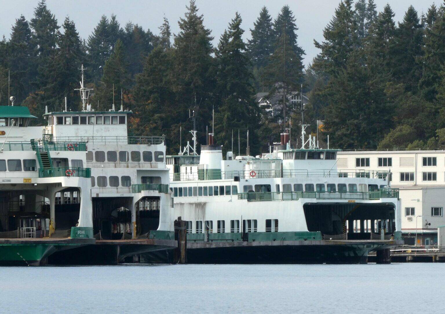 The state ferries Klahowya (center right) and Hyak (left center) are taking up valuable space at the Eagle Harbor maintenance yard of Washington State Ferries. Both retired ferries have been for sale for more than four years. (Photo by Tom Banse for Washington State Standard)