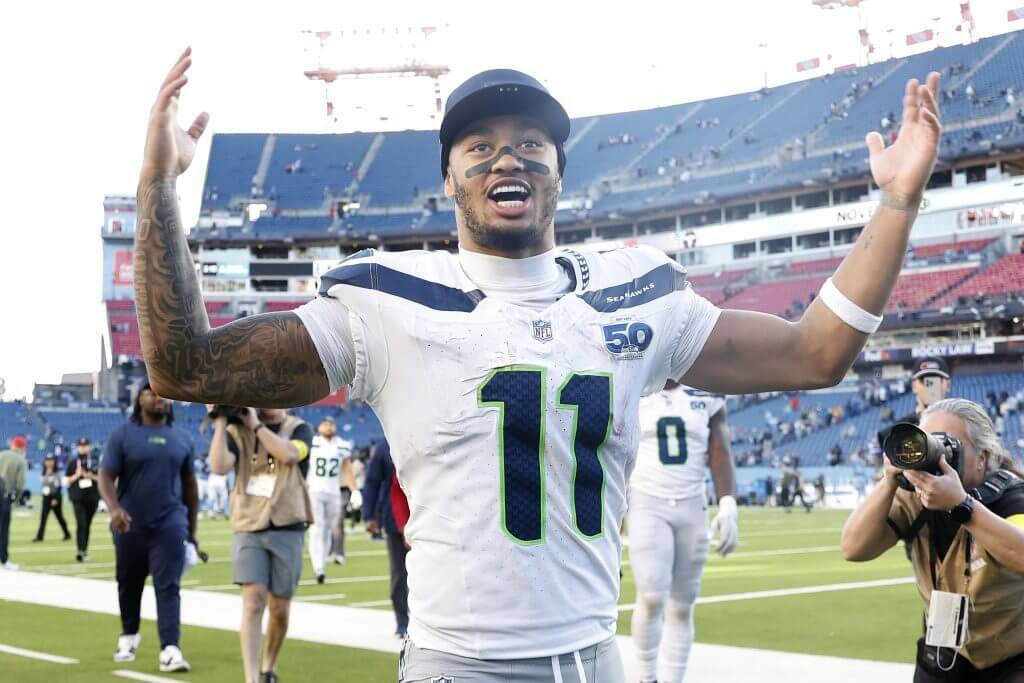 Jaxon Smith-Njigba (11) of the Seattle Seahawks celebrates after defeating the Tennessee Titans at Nissan Stadium on Sunday, November 23, 2025 in Nashville, Tennessee. (Johnnie Izquierdo / Getty Images / The Athletic)