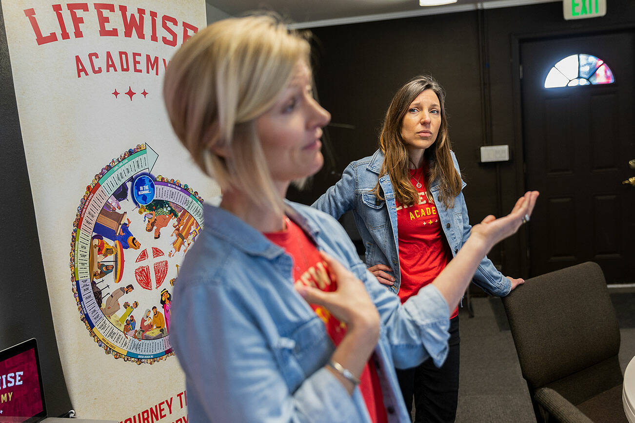 LifeWise local co-directors Darcie Hammer and Sarah Sweeny talk about what a typical classroom routine looks like on Monday, April 14, 2025 in Everett, Washington. (Olivia Vanni / The Herald)