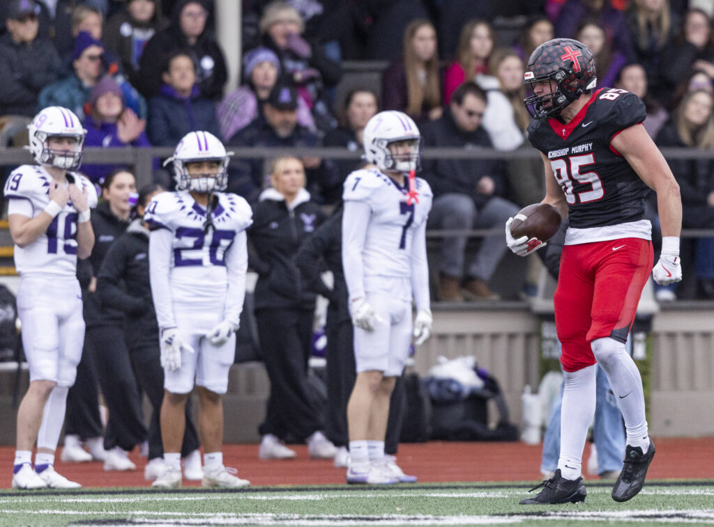 Archbishop Murphy’s Jack Sievers reacts during the 2A state football semifinal game against Anacortes on Nov. 29, 2025 in Everett, Washington. (Olivia Vanni / The Herald)
