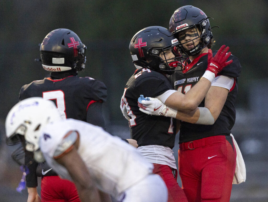 Archbishop Murphy’s Henry Gabalis celebrates his touchdown during the 2A state football semifinal game against Anacortes on Nov. 29, 2025 in Everett, Washington. (Olivia Vanni / The Herald)

