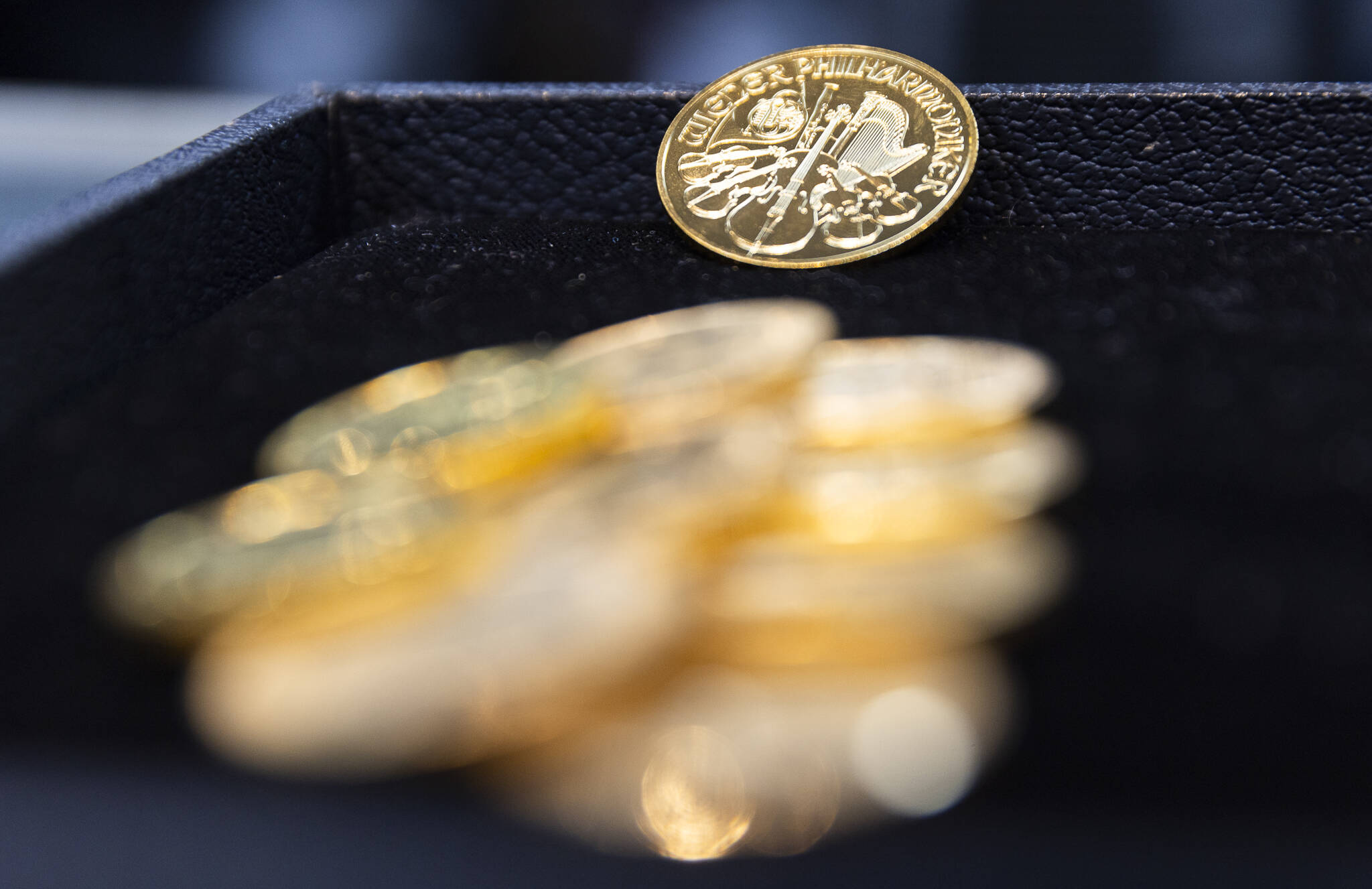 A selection of gold coins at The Coin Market on Nov. 25, 2025, in Lynnwood, Washington. (Olivia Vanni / The Herald)