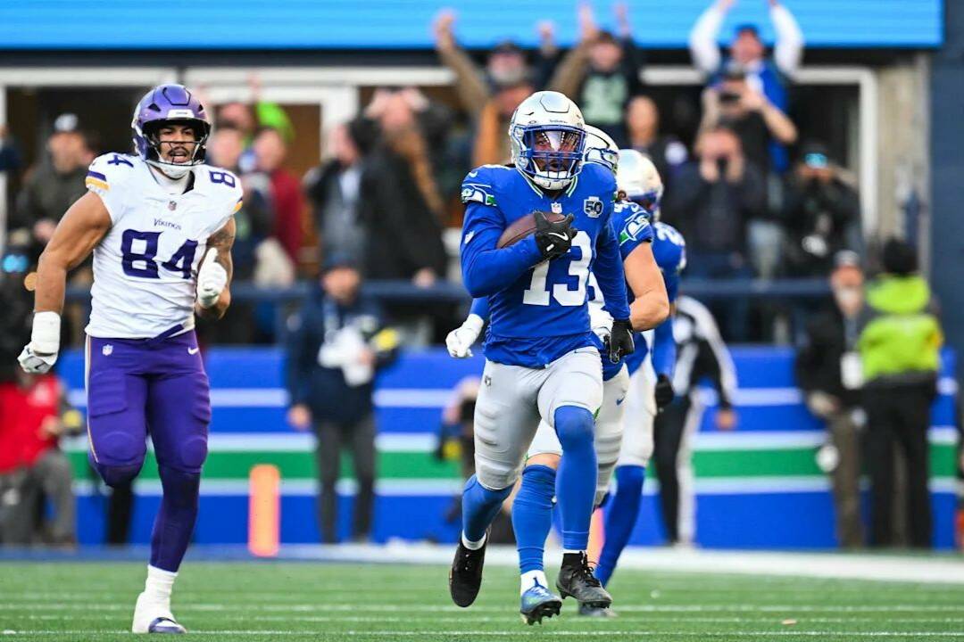 Seattle Seahawks linebacker Ernest Jones IV returns an interception for a touchdown against the Minnesota Vikings at Lumen Field in Seattle, Washington on Sunday, Nov. 30, 2025. (Photo courtesy of the Seattle Seahawks)