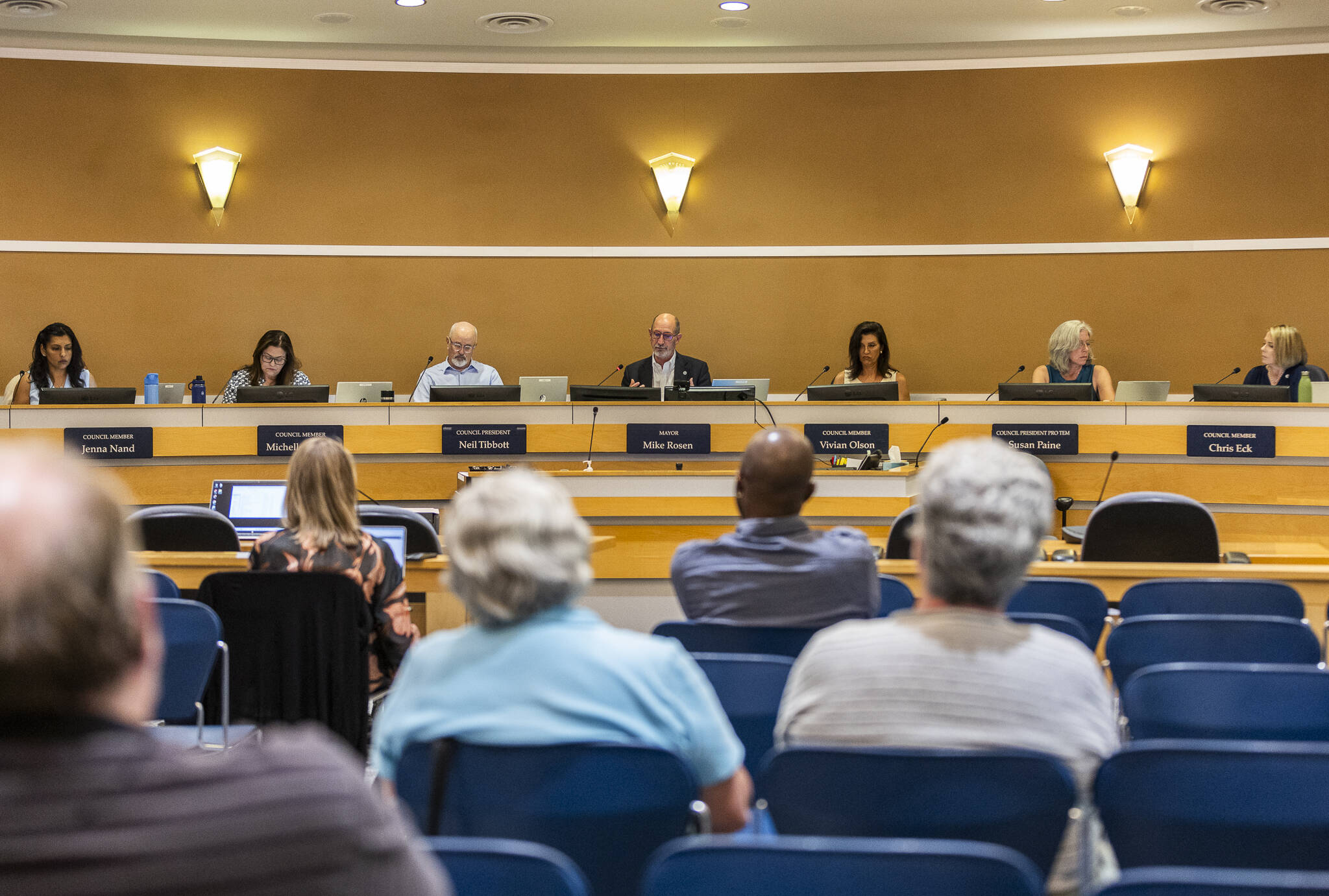 The Edmonds City Council discuss the levy during a city council meeting on Tuesday, July 8, 2025 in Edmonds, Washington. On Tuesday, the council voted 4-3 to raise some utility taxes from 10% to 20%, generating an estimated $3.3 million in revenue for 2026.
(Olivia Vanni / The Herald)
