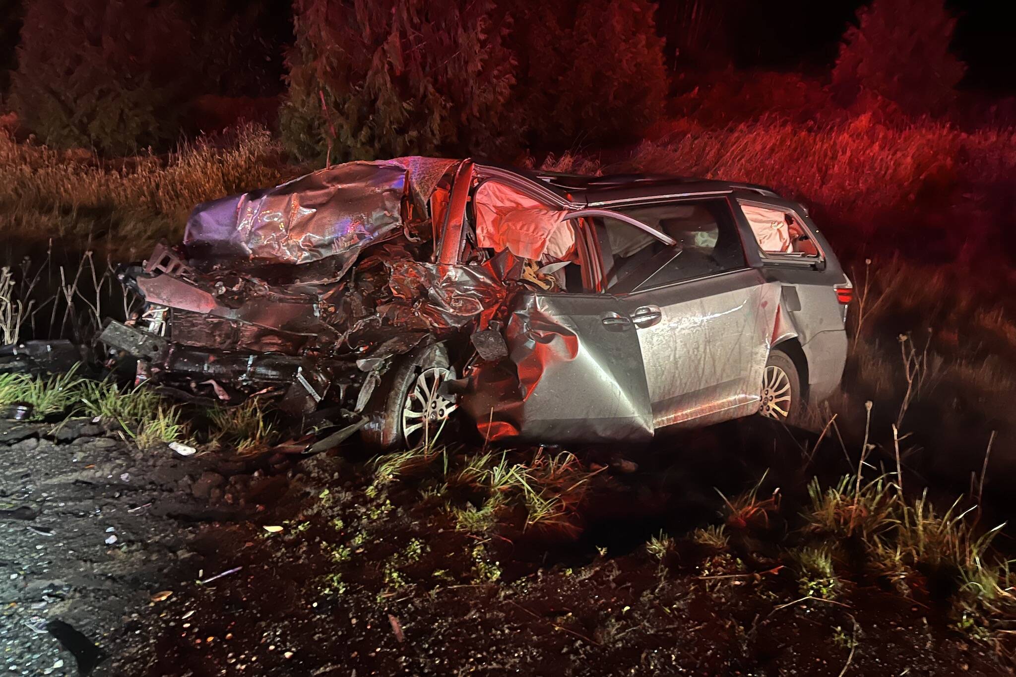 Snohomish County Fire District No. 4 and Snohomish Regional Fire and Rescue responded to a two-vehicle head-on collision on U.S. 2 on Feb. 21, 2024, in Snohomish. (Snohomish County Fire District #4)