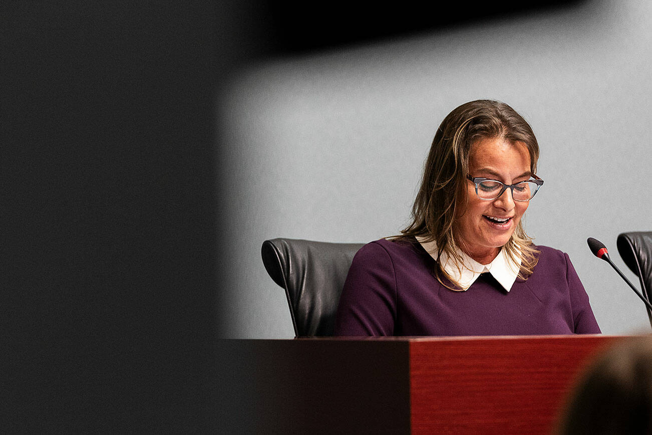 Everett Mayor Cassie Franklin delivers her budget address during a city council meeting on Oct. 22, 2025 in Everett, Washington. (Olivia Vanni / The Herald)