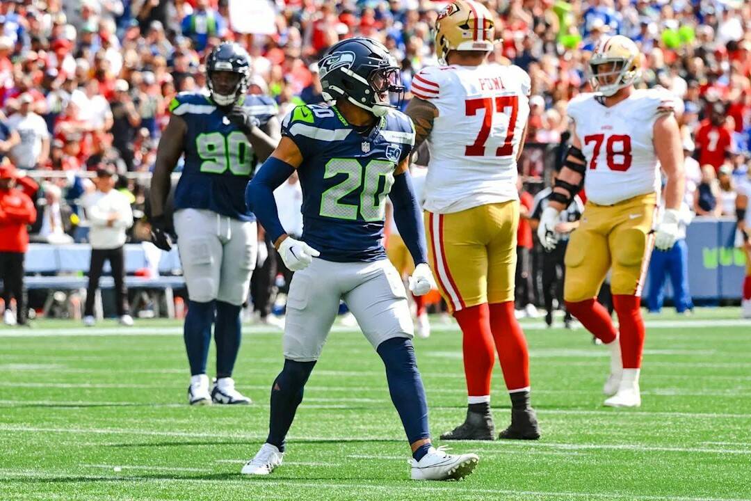 Seahawks safety Julian Love (20) reacts after sacking San Francisco 49ers quarterback Brock Purdy at Lumen Field in Seattle, Washington on Sunday, Sept 7, 2025. (Photo courtesy of the Seattle Seahawks)