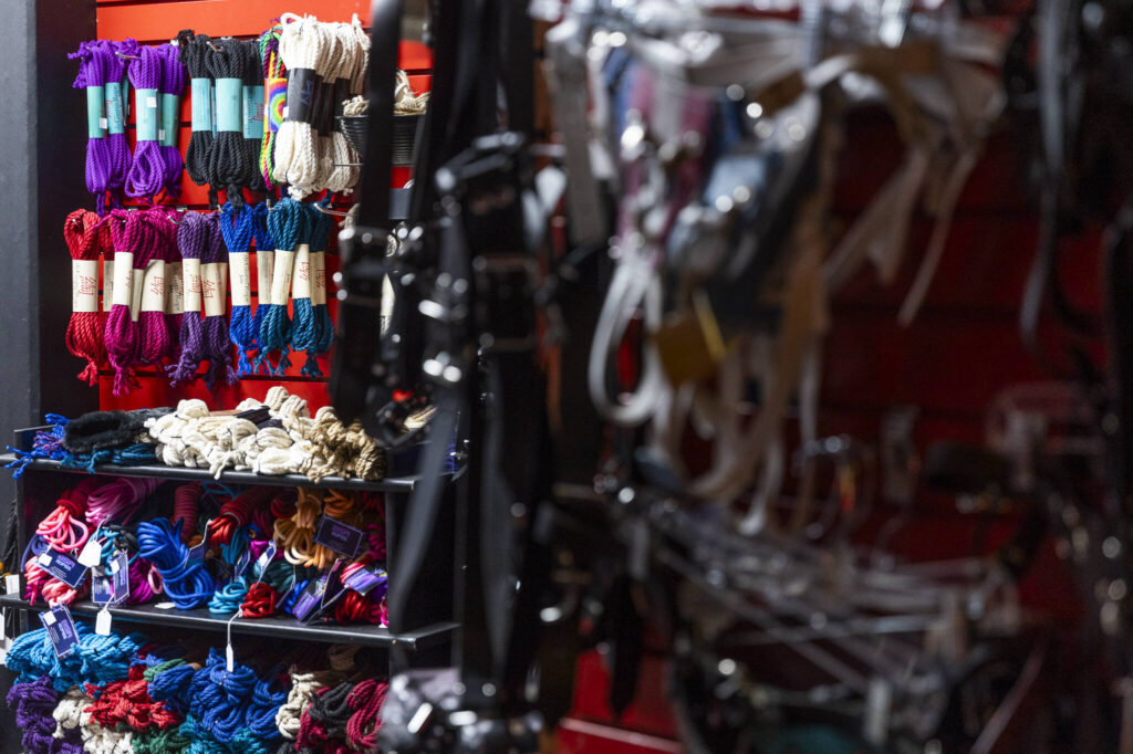 A selection of bondage ropes as well as harnesses available at Lovers Lair on Dec. 19, 2025 in Everett. (Olivia Vanni / The Herald)
