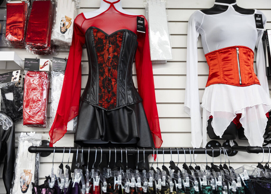 A selection of corsets available at Lovers Lair on Dec. 19, 2025 in Everett. (Olivia Vanni / The Herald)
