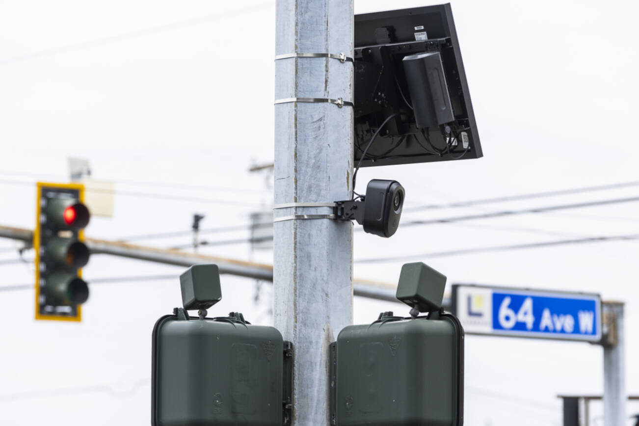 A Flock Safety camera on the corner of 64th Avenue West and 196th Street Southwest on Oct. 28, 2025 in Lynnwood, Washington. (Olivia Vanni / The Herald)