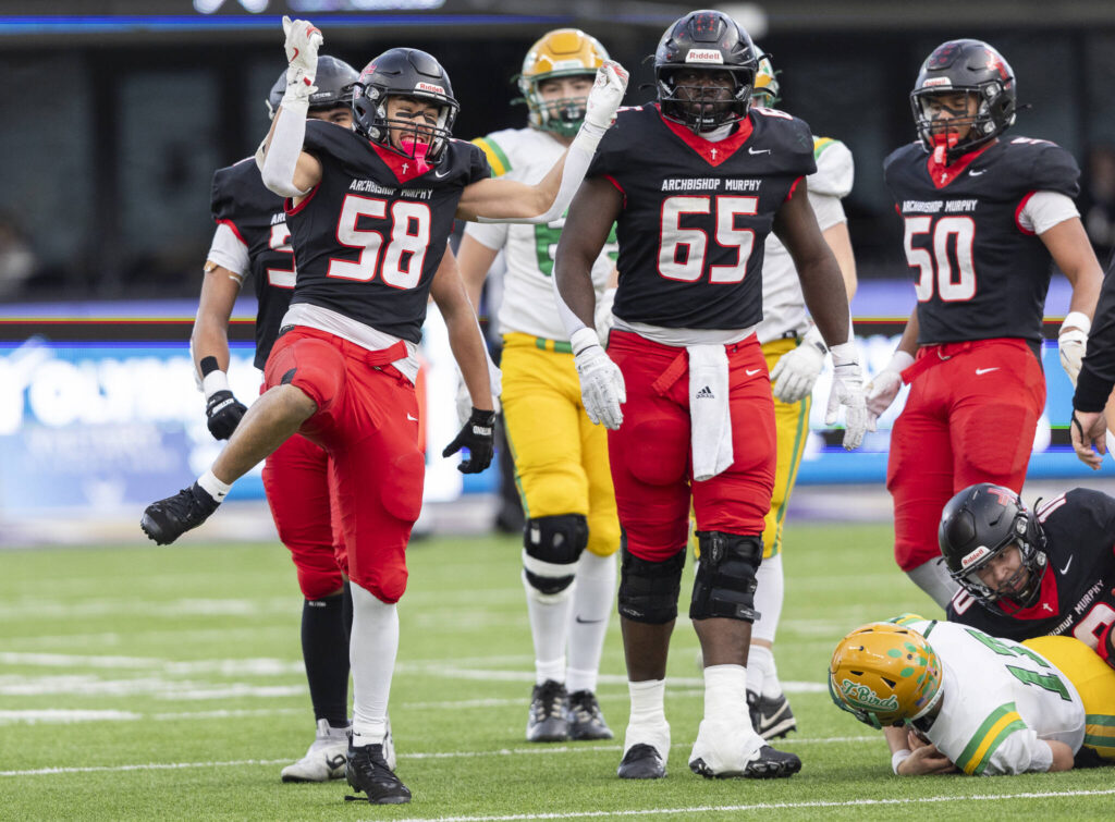 Archbishop Murphy&rsquo;s Keagan Joseph reacts to getting a sack during the 2A state championship game against Tumwater at Husky Stadium on Saturday, Dec. 6, 2025 in Seattle, Washington. (Olivia Vanni / The Herald)
