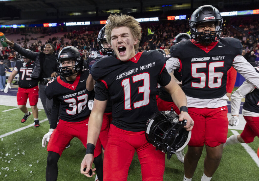 Archbishop Murphy&rsquo;s EJ Manning yells after winning the 2A state championship game against Tumwater at Husky Stadium on Saturday, Dec. 6, 2025 in Seattle, Washington. (Olivia Vanni / The Herald)
