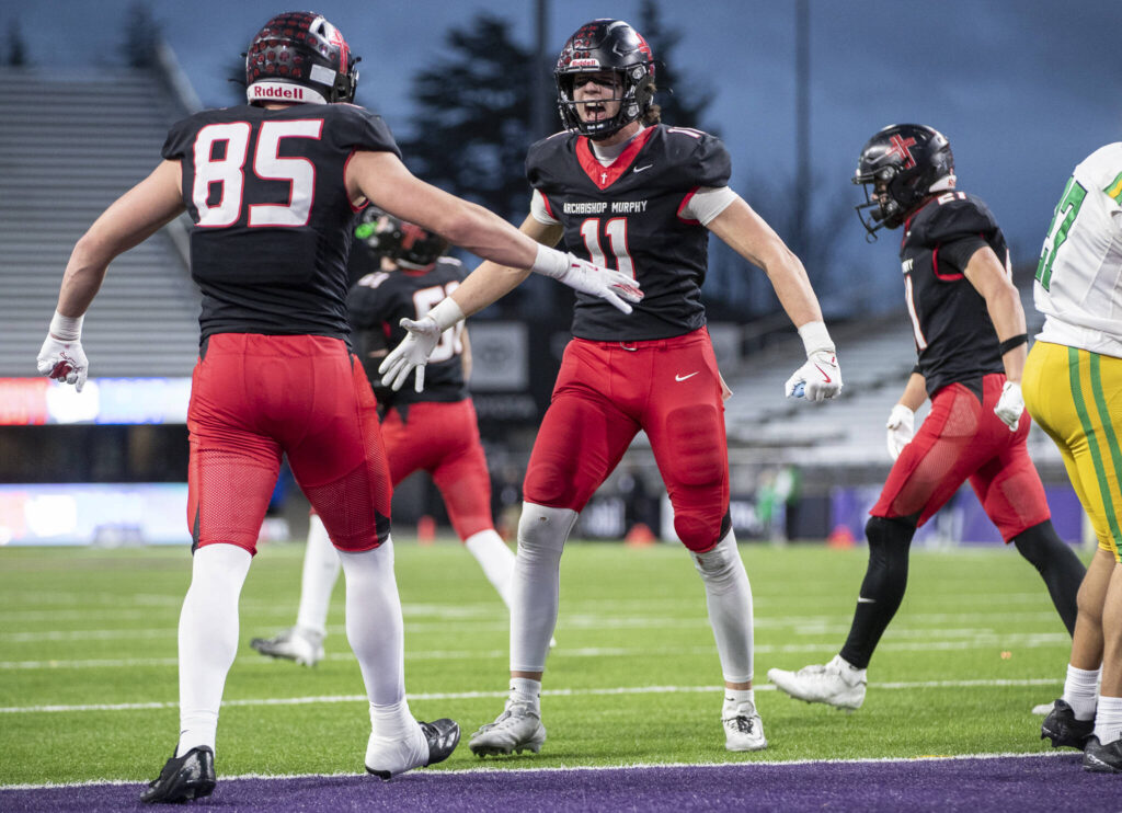 Archbishop Murphy&rsquo;s Henry Gabalis reacts to a touchdown during the 2A state championship game against Tumwater at Husky Stadium on Saturday, Dec. 6, 2025 in Seattle, Washington. (Olivia Vanni / The Herald)
