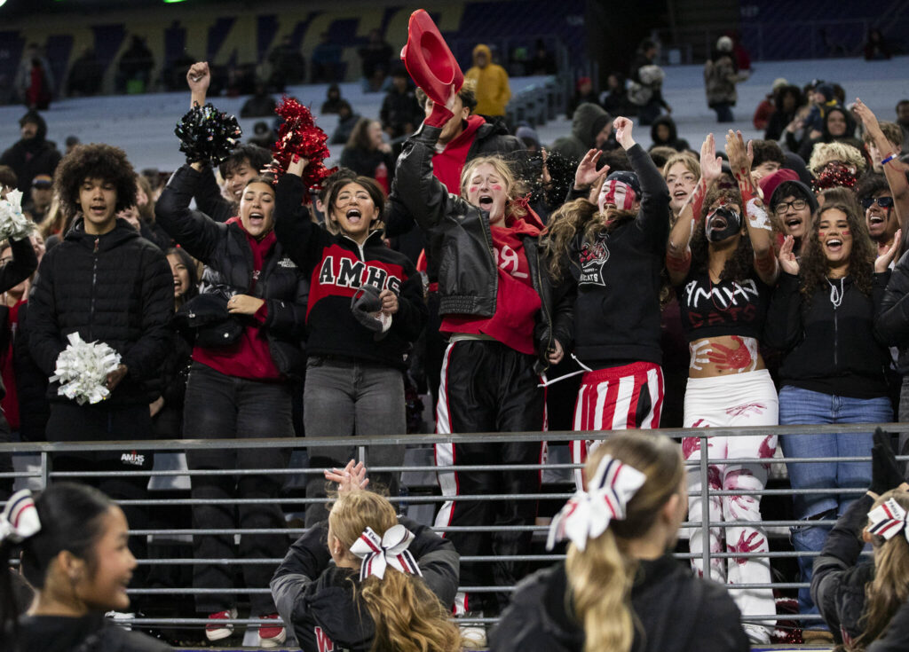 Archbishop Murphy fans cheer during the 2A state championship game against Tumwater at Husky Stadium on Saturday, Dec. 6, 2025 in Seattle, Washington. (Olivia Vanni / The Herald)

