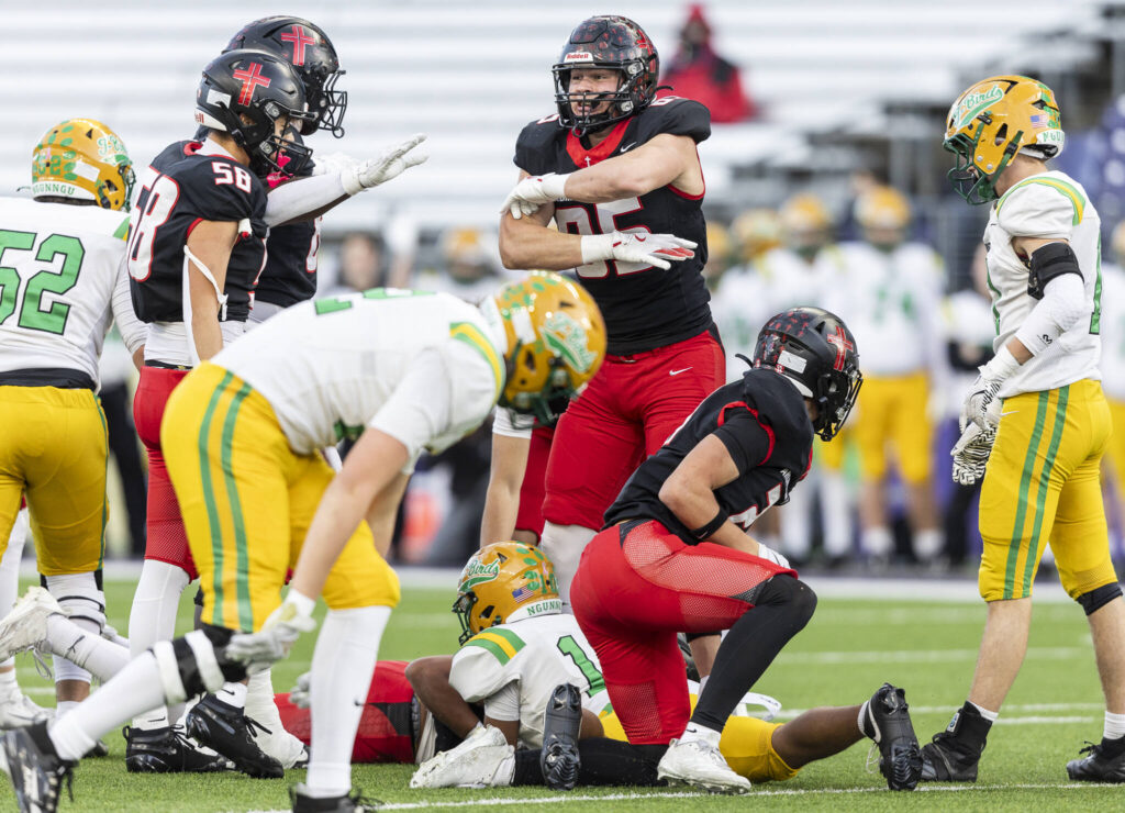 Archbishop Murphy&rsquo;s Jack Sievers reacts to making a stop on fourth down during the 2A state championship game against Tumwater at Husky Stadium on Saturday, Dec. 6, 2025 in Seattle, Washington. (Olivia Vanni / The Herald)
