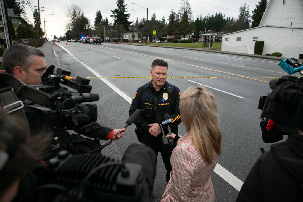 Robert Goetz, then a captain at the Everett Police Department, speaks with the media during a police standoff related to a shooting at the Bluffs at Evergreen apartment complex on Casino Road on Monday, Jan. 22, 2024, in Everett, Washington. (Ryan Berry / The Herald)
