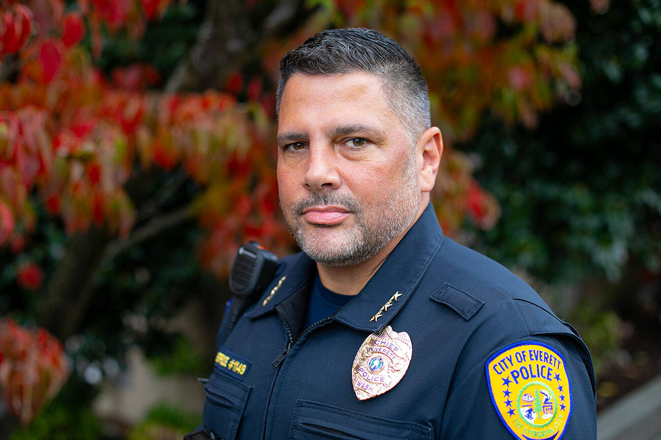 New Everett Police Chief John DeRousse stands in front of the department’s north precinct Thursday, Nov. 9, 2023, in downtown Everett, Washington. (Ryan Berry / The Herald)