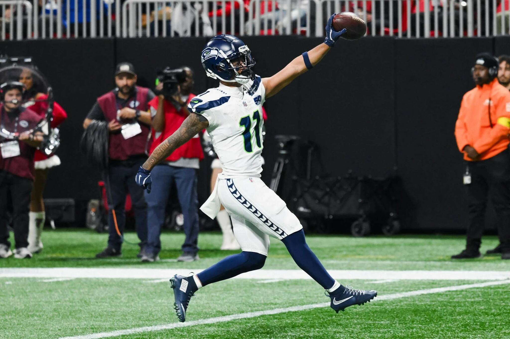 Seattle Seahawks receiver Jaxon Smith-Njigba scores a touchdown against the Atlanta Falcons at Mercedes-Benz Stadium on Sunday, Dec. 7, 2025. (Photo courtesy of the Seattle Seahawks)