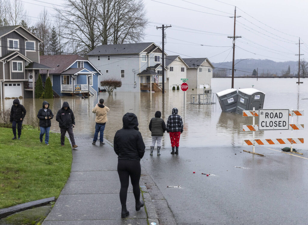 People walk down First Street and pause to look at the floodwaters surrounding homes along Lincoln Avenue on Thursday, Dec. 11, 2025 in Snohomish, Washington. (Olivia Vanni / The Herald)
