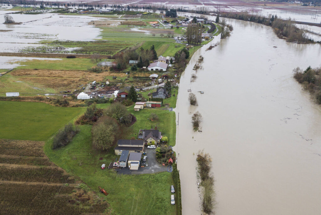 The Snohomish River begins to spill over Rivershore Road and into the fields of farms to the east on Thursday, Dec. 11, 2025 in Snohomish, Washington. (Olivia Vanni / The Herald)
