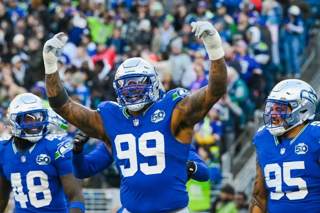 Seahawks defensive end Leonard Williams (99) celebrates after a play against the Minnesota Vikings on Sunday, Nov. 30, 2025 at Lumen Field in Seattle, Washington. (Photo courtesy of the Seattle Seahawks)