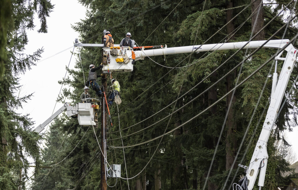 Snohomish PUD crews repair a power line that was hit by a downed tree along Cypress Way on Monday, Dec. 15, 2025 in Lynnwood, Washington. (Olivia Vanni / The Herald)
