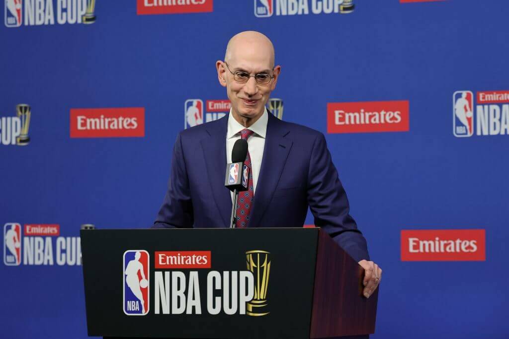 NBA Commissioner Adam Silver speaks during a news conference before the championship game of the Emirates NBA Cup between the San Antonio Spurs and the New York Knicks at T-Mobile Arena on Tuesday, December 16, 2025 in Las Vegas, Nevada. (Photo by Ethan Miller / Getty Images / The Athletic)