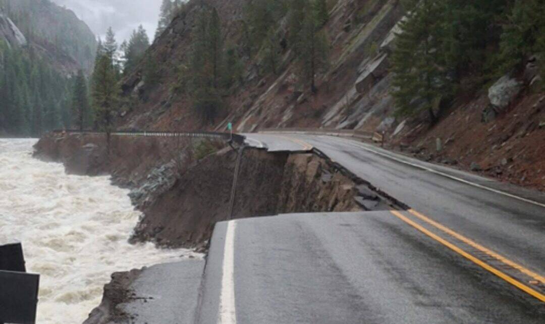 Road damage along U.S. 2 in Tumwater Canyon, in a photo shared by Washington State Department of Transportation on Dec. 16, 2025. (Photo courtesy of WSDOT)
