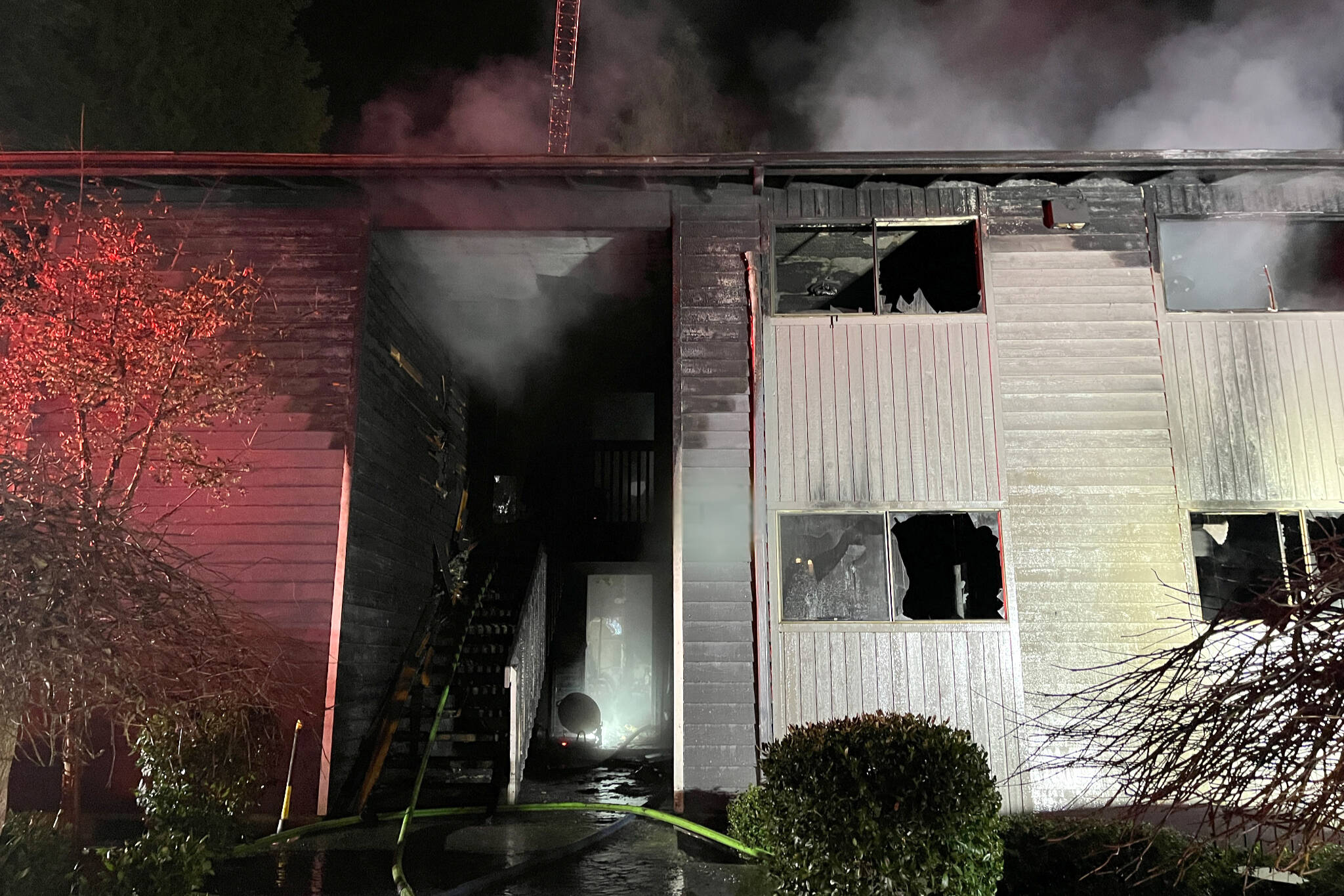 A two-alarm fire at an apartment complex resulted in one death and displaced 12 people on Sunday in Lynnwood. (South County Fire)