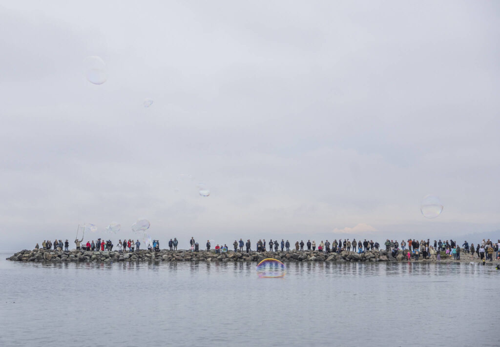 People line the Edmonds Waterfront Viewpoint at Brackett&rsquo;s Landing North to watch the 19th annual Polar Bear Plunge on Thursday, Jan. 1, 2026, in Edmonds, Washington. (Olivia Vanni / The Herald)
