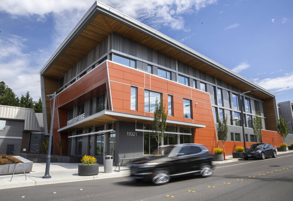 Outside of the Lynnwood Police Department on Tuesday, Aug. 19, 2025 in Lynnwood, Washington. (Olivia Vanni / The Herald)
