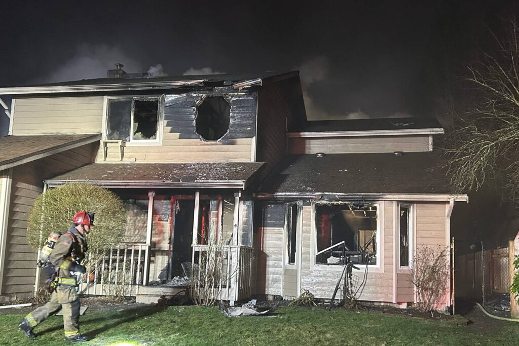 Marysville fire crews responded to a house that was engulfed in flames early in the morning on Thursday, Jan. 1, 2026, in Marysville, Washington. (Marysville Fire District)

