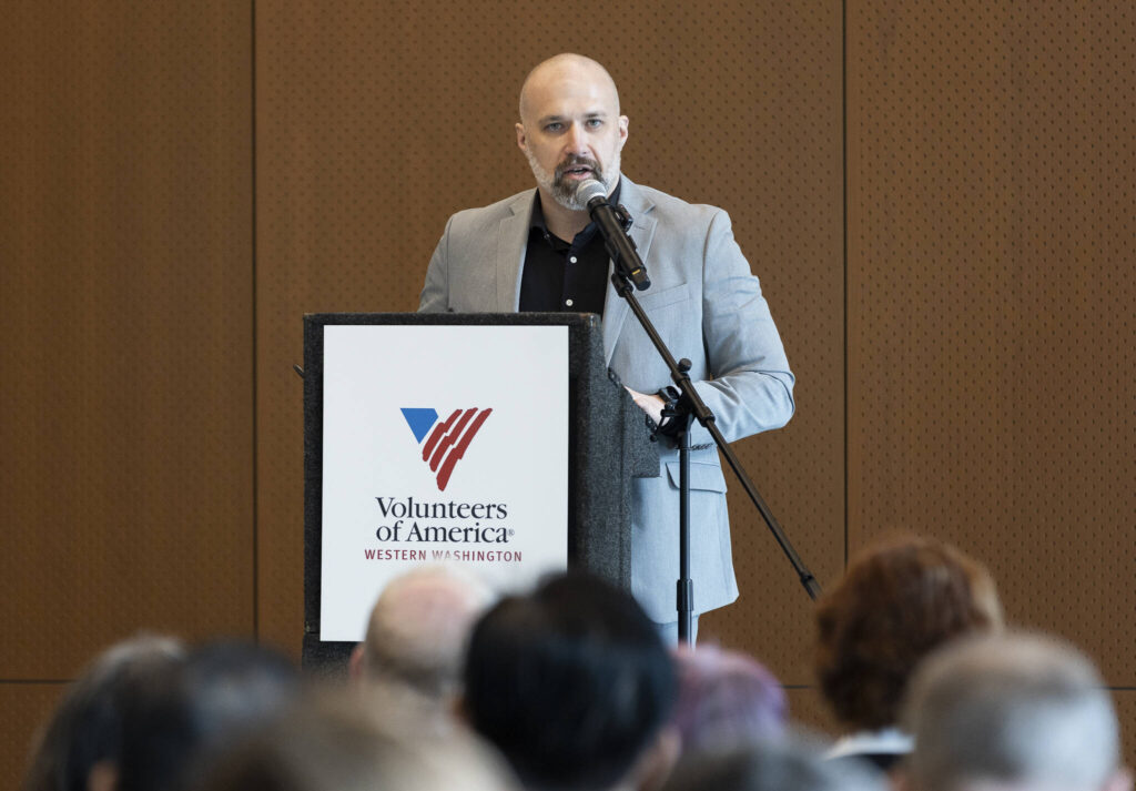 President and CEO of Volunteers of America of Western Washington Brian Smith speaks during the opening of the Lynnwood Neighborhood Center on Friday, Jan. 9, 2026 in Lynnwood, Washington. (Olivia Vanni / The Herald)
