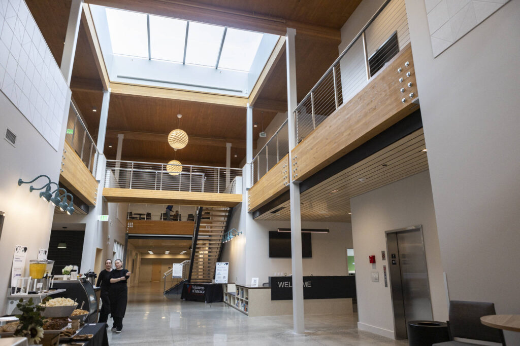 Inside the &ldquo;piazza&rdquo; of the Lynnwood Neighborhood Center on Friday, Jan. 9, 2026 in Lynnwood, Washington. (Olivia Vanni / The Herald)
