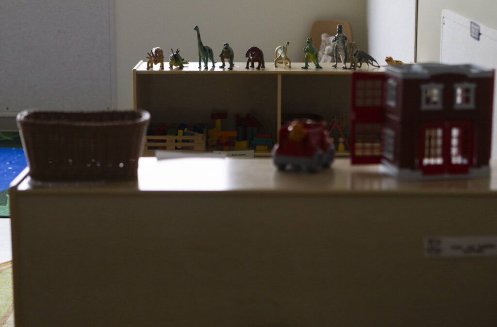 A row of toy dinosaurs sit on a shelf inside the early learning room in the Lynnwood Neighborhood Center on Friday, Jan. 9, 2026 in Lynnwood, Washington. (Olivia Vanni / The Herald)
