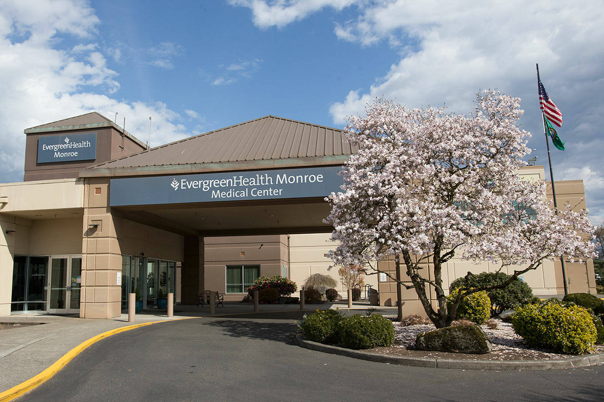 The entrance to EvergreenHealth Monroe on Monday, April 1, 2019 in Monroe, Wash. (Andy Bronson / The Herald)