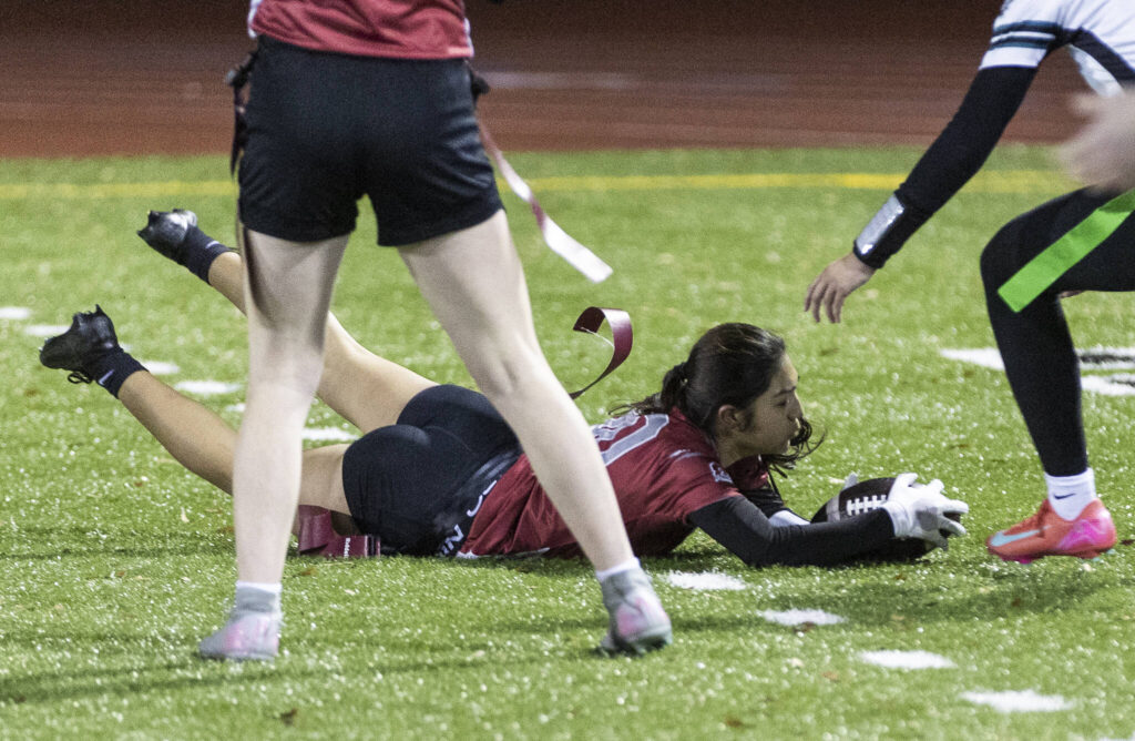 Cascade&rsquo;s Zuly Martinez dives into the end zone for a touchdown during the game on Wednesday, Jan. 14, 2026 in Everett, Washington. (Olivia Vanni / The Herald)
