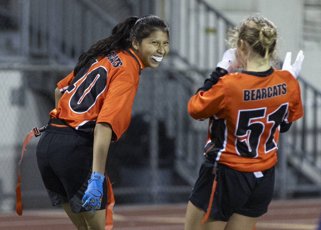 Monroe&rsquo;s Betzy Garcia celebrates scoring a touchdown against Everett during the game on Wednesday, Jan. 14, 2026 in Everett, Washington. (Olivia Vanni / The Herald)
