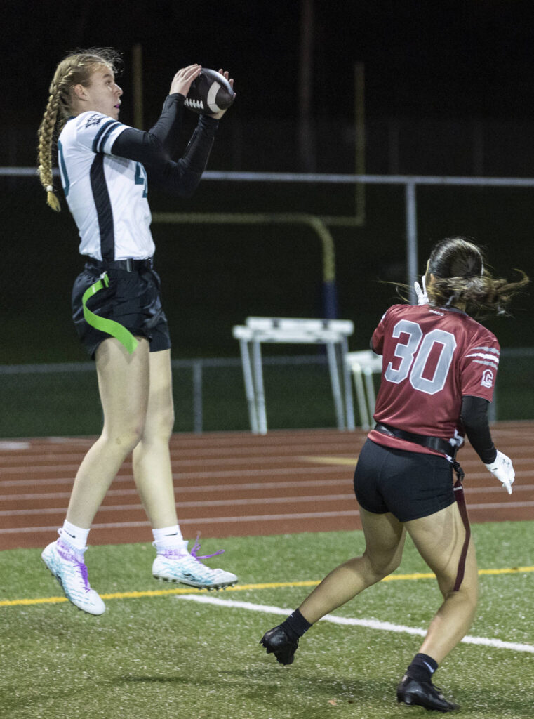 Jackson&rsquo;s Clara Dorgan makes a catch in the end zone for a touchdown against Cascade during the game on Wednesday, Jan. 14, 2026 in Everett, Washington. (Olivia Vanni / The Herald)

