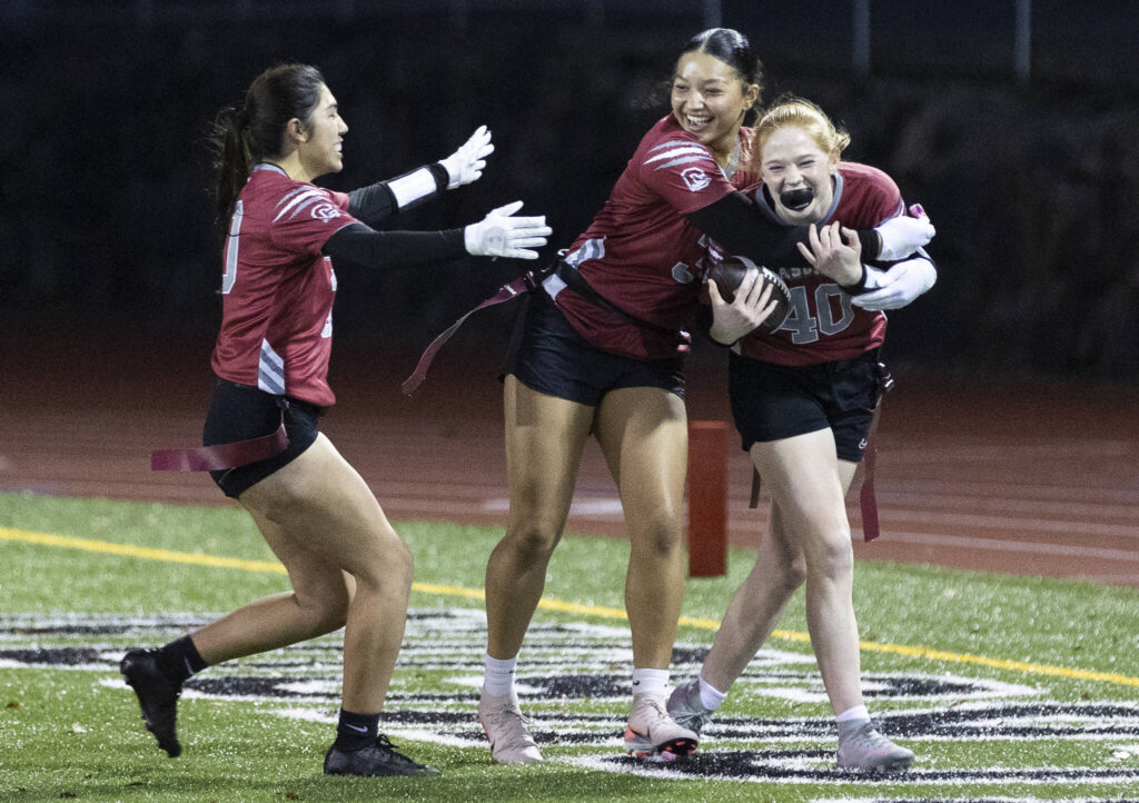 Cascade&rsquo;s Caylee Krestel celebrates scoring a touchdown against Jackson during the game on Wednesday, Jan. 14, 2026 in Everett, Washington. (Olivia Vanni / The Herald)
