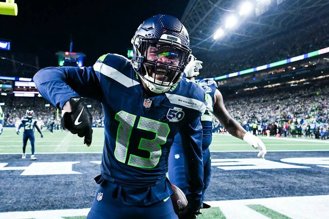 Seattle Seahawks linebacker Ernest Jones IV (13) celebrates after intercepting a pass against the San Francisco 49ers on Saturday, Jan. 17, 2026 at Lumen Field in Seattle, Washington. (Photo courtesy of the Seattle Seahawks)