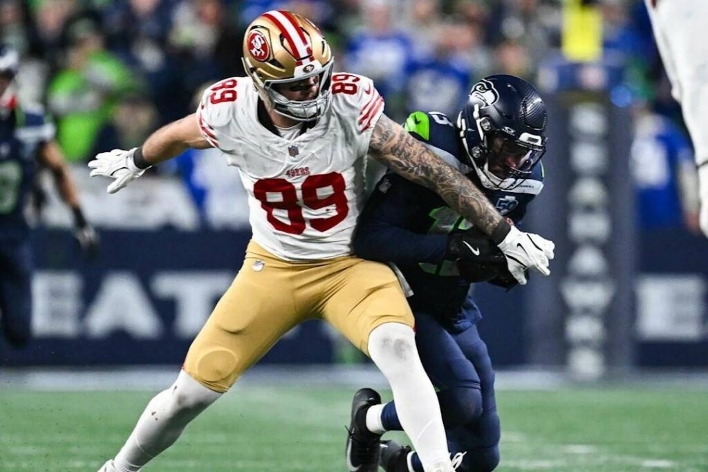 Seattle Seahawks linebacker Ernest Jones IV (13) intercepts a pass against the San Francisco 49ers on Saturday, Jan. 17, 2026 at Lumen Field in Seattle, Washington. (Photo courtesy of the Seattle Seahawks)
