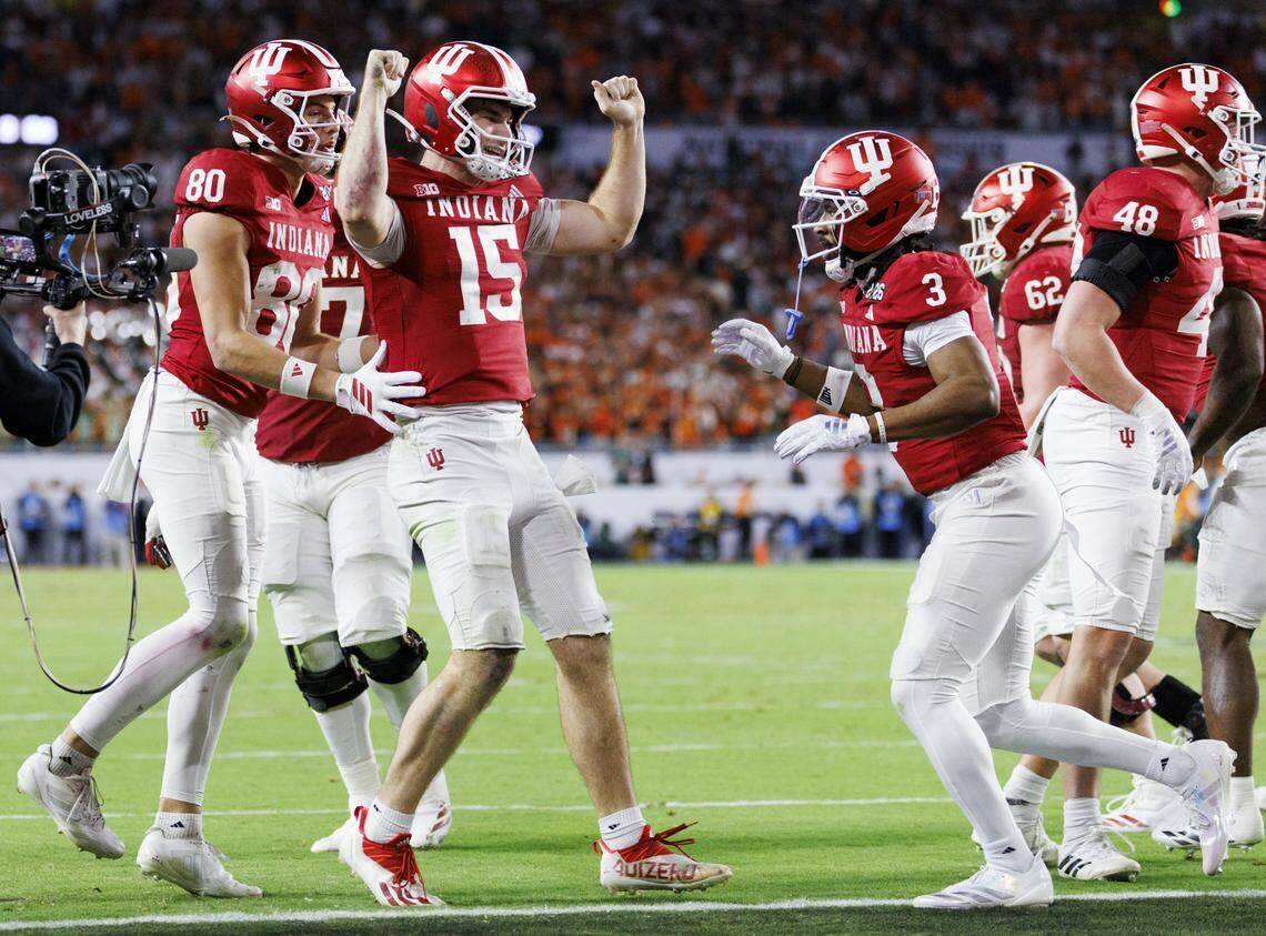 Indiana Hoosiers quarterback Fernando Mendoza (15) reacts to scoring a touchdown during the second half of the College Football Playoff National Championship Game against the Miami Hurricanes at Hard Rock Stadium on Monday, Jan. 19, 2026 in Miami Gardens, Florida. (Alie Skowronski / Tribune News Services)