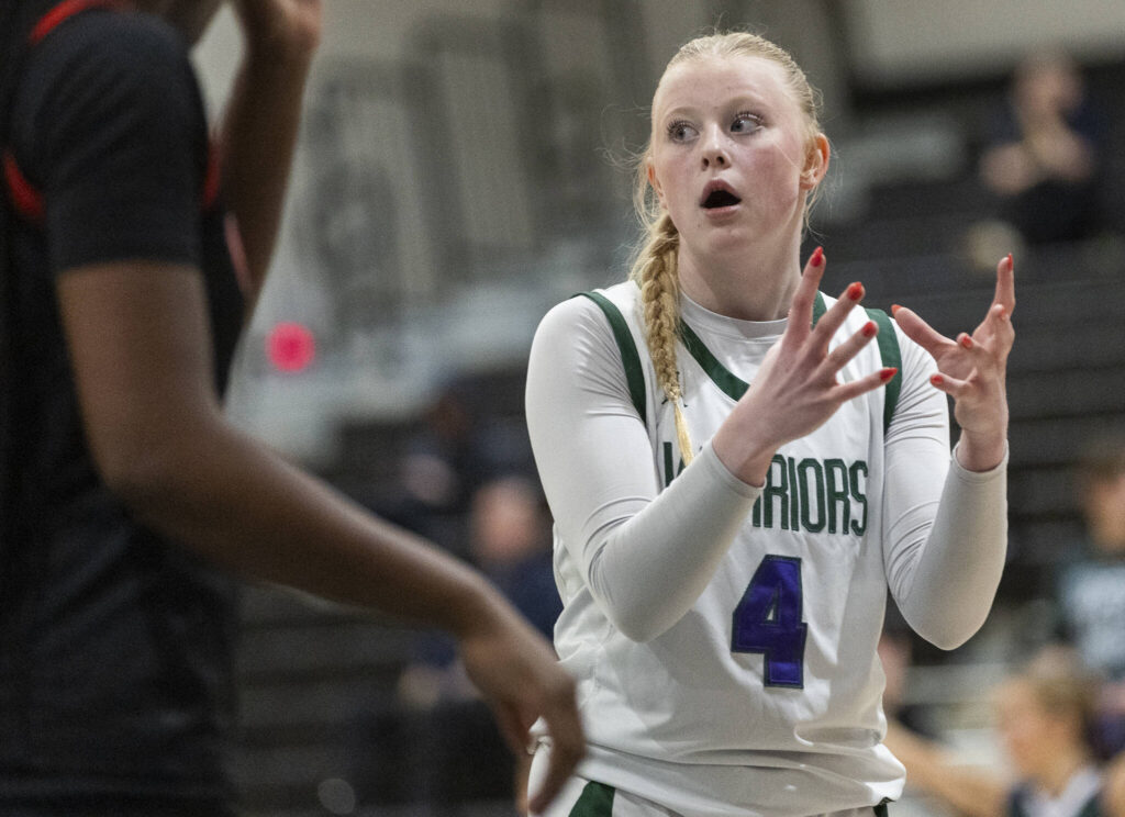 Edmonds-Woodway&rsquo;s Finley Wichers reacts to a foul call during the game against Archbishop Murphy on Tuesday, Jan. 20, 2026 in Edmonds, Washington. (Olivia Vanni / The Herald)
